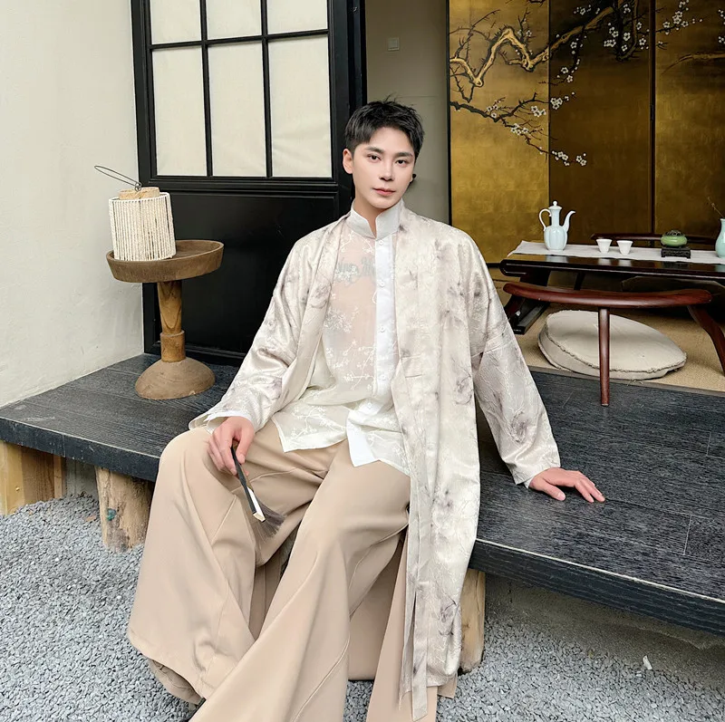 

Новый комплект в китайском стиле: вегетарианский кардиган средней длины с поясом, рубашка, высококачественный дзен-костюм для мужчин, полный комплект одежды