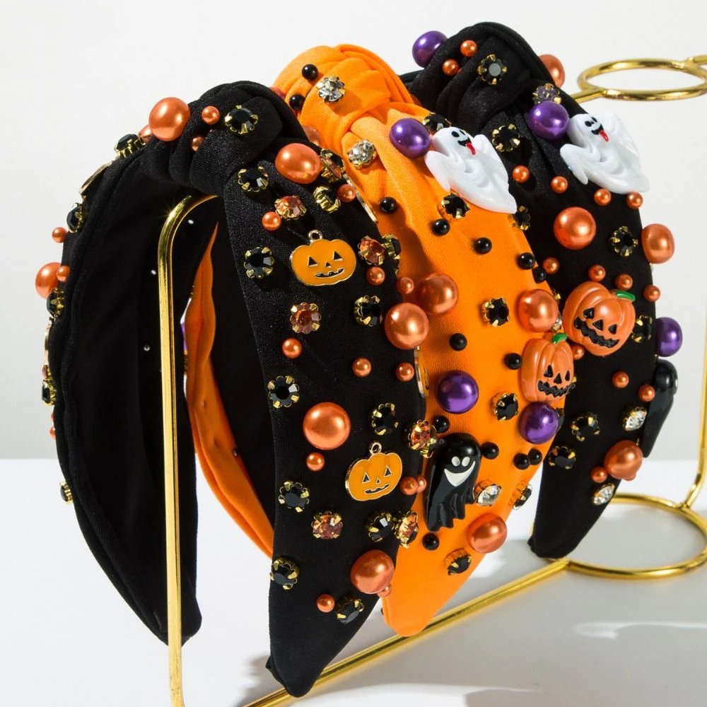 Ghost Halloween Rhinestone Pearl Hairband Wide Edge Knot Style Halloween Pearl Head Hoop Luxury Fashion Pumpkin Baroque Headband