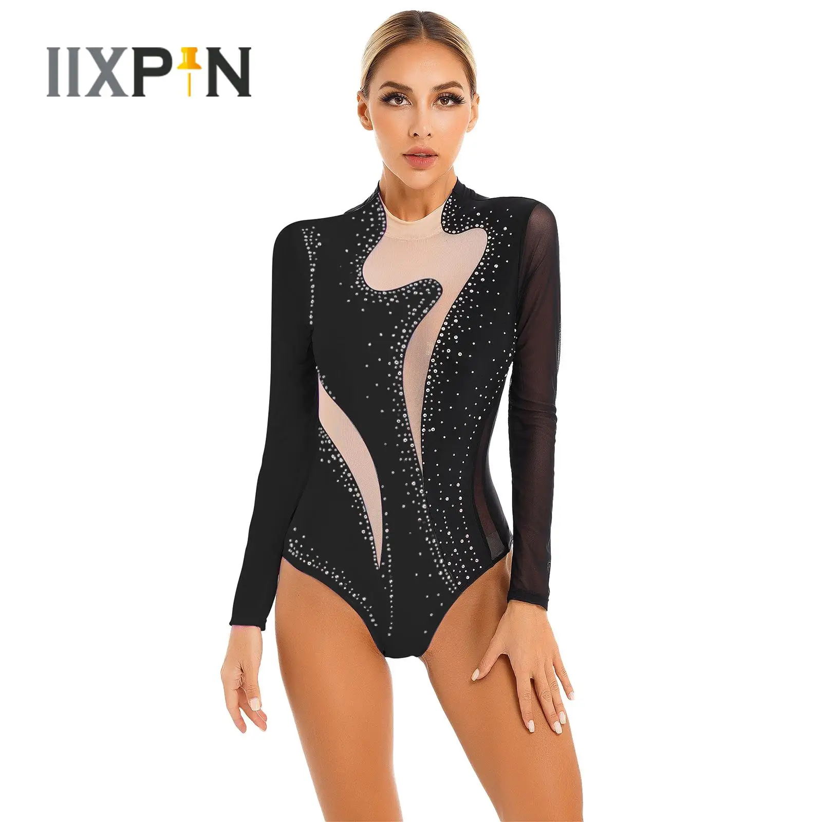 

Womens Ballet Leotard Gymnastics Acrobatics Jumpsuit Dancewear Colorblock Sparkling Rhinestone Sheer Mesh Long Sleeve Bodysuit