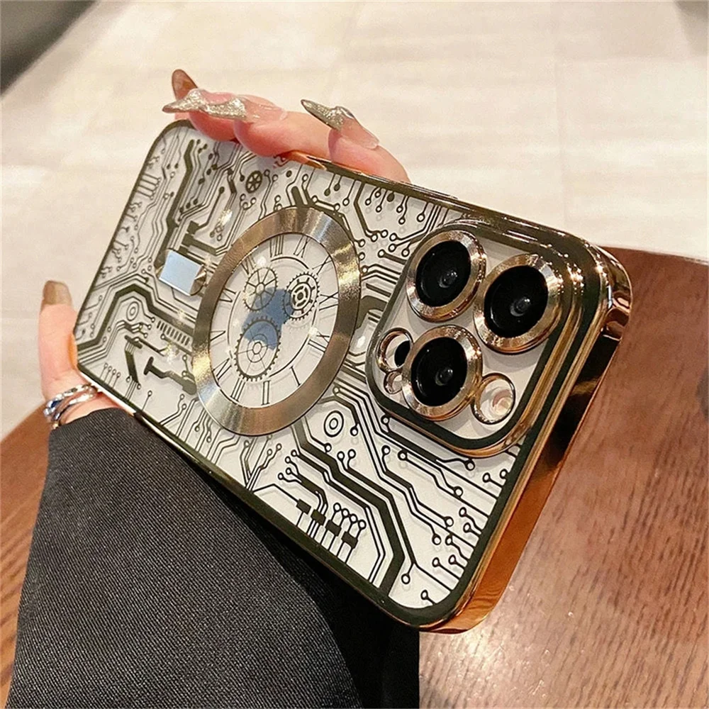 

Luxury Magsafe Mechanical Gear Transparent Case For iPhone 11 12 13 14 15 16 Pro Max 14 Plus Wireless Charging Magnetic Cover