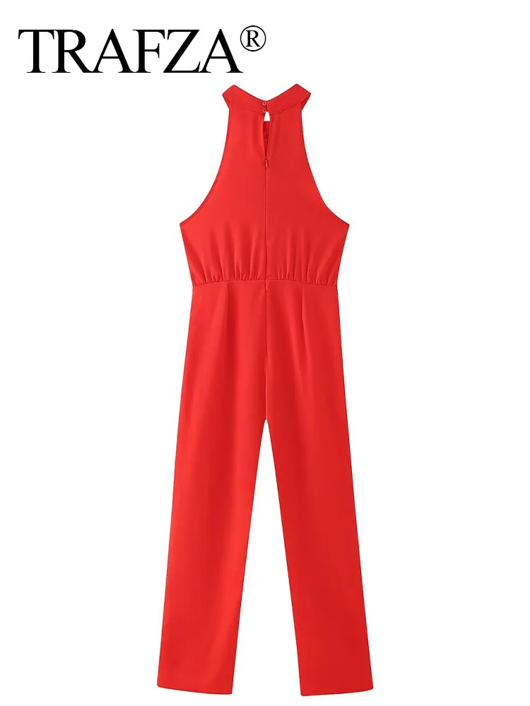 TRAFZA Fashion Women Chic Casual Red High Waist Wide Leg Jumpsuit Female Elegant Hanging Neck Sleeveless Slim Holiday Playsuit