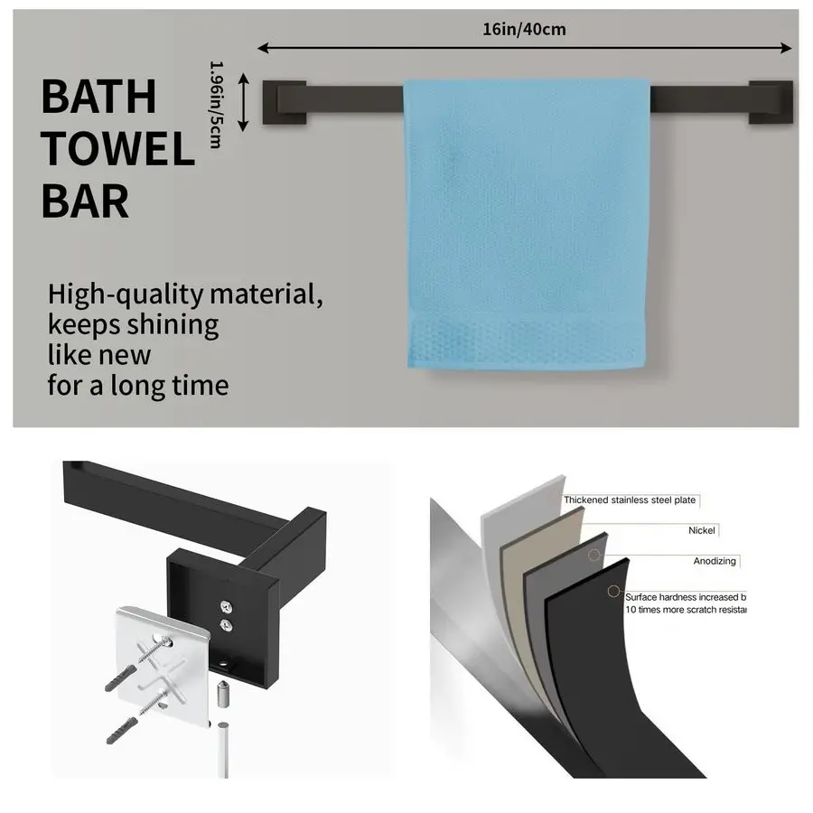 Matte Black Bathroom Accessories Set, 16 Inch Bath Towel Bar Set, SUS 304 Stainless Steel Bathroom Hardware Set, Towel Racks for