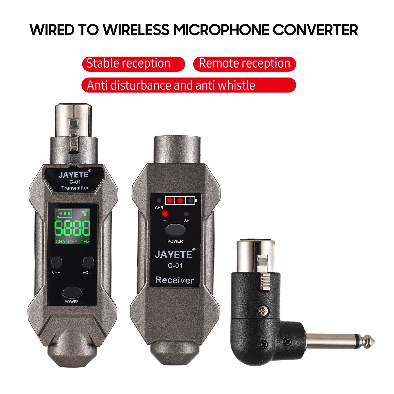 UHF Wired to Wireless Microphone Converter Transmitter Receiver 500~980MHz Receiving Transmission with 48V Phantom Power 30~50M