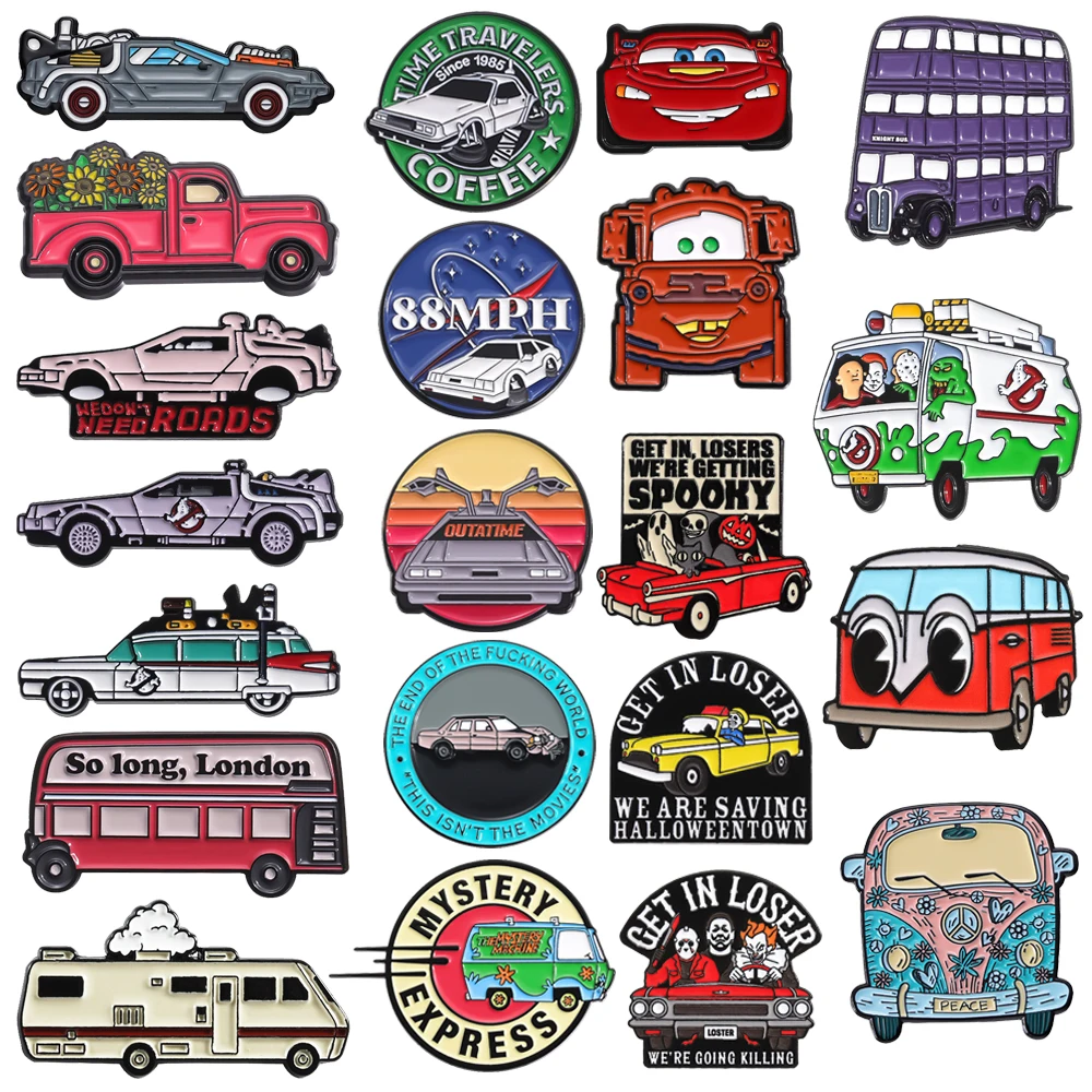 Creative Car Enamel Brooch Flower Convertible 88MPH Triple Decker Bus Car Outdoor Travel Vehicle Badge Punk Pins Jewelry Gifts