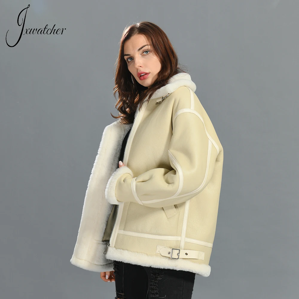 Jxwatcher Women's Winter Shearling Jacket Real Leather Coat Natural Sheep Fur Wool Liner Inside Genuine Sheepskin Fur Outwear