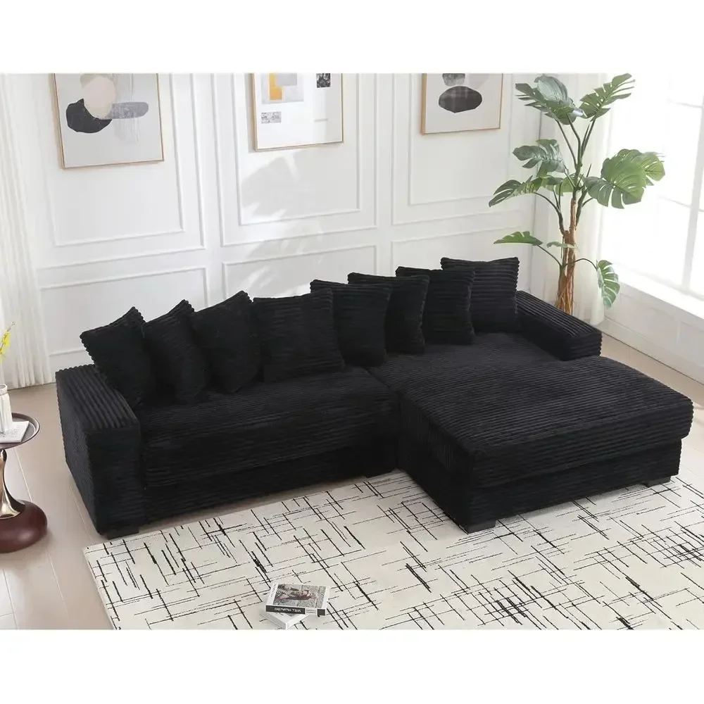 Elegant 111 Inch L-Shaped Sectional Sofa with 8 Pillows and Deep Seating