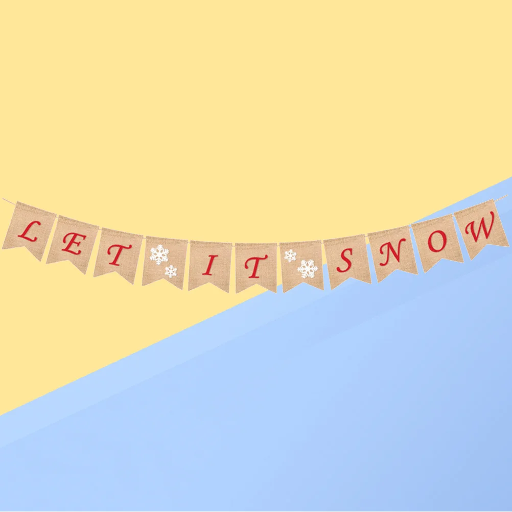 

Winter Party Bunting Let It Snow Letters Burlap Flag with Snowflakes Design Festive Hanging Decoration for Indoor Outdoor Use