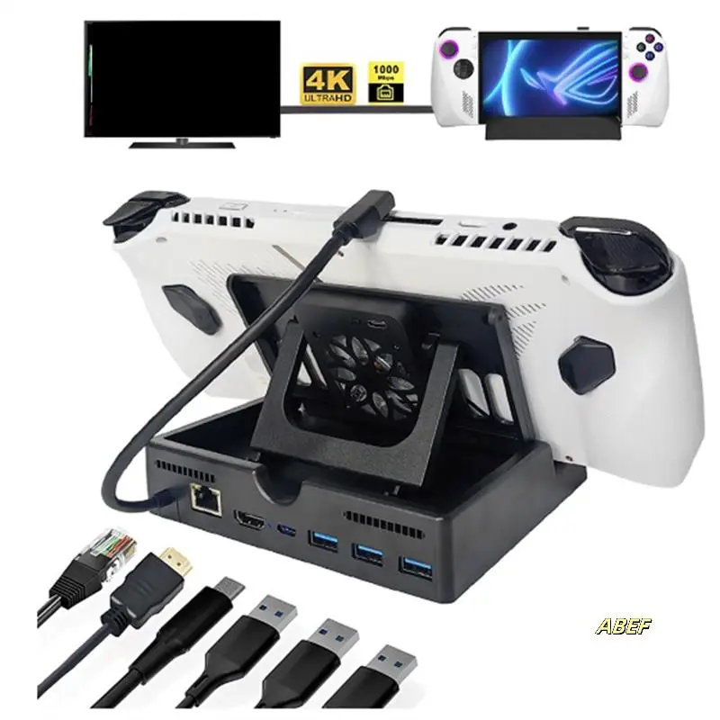 Rog Ally / Steam Deck용 6-in-1 도킹 스테이션 (기가비트 이더넷, 4K@60Hz, 60W PD 포트, 3개의 USB 3.0 포트, 쿨링 팬 포함)