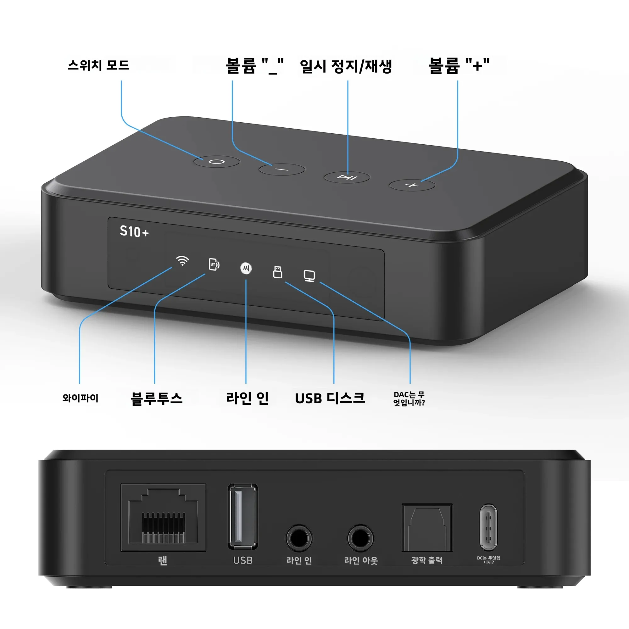 새로운 아크릴릭 S10+ WiFi 및 블루투스 5.0 하이파이 스테레오 오디오 앰프, 타딜 에어플레이 DLNA 인터넷 멀티룸 오디오 프리앰프