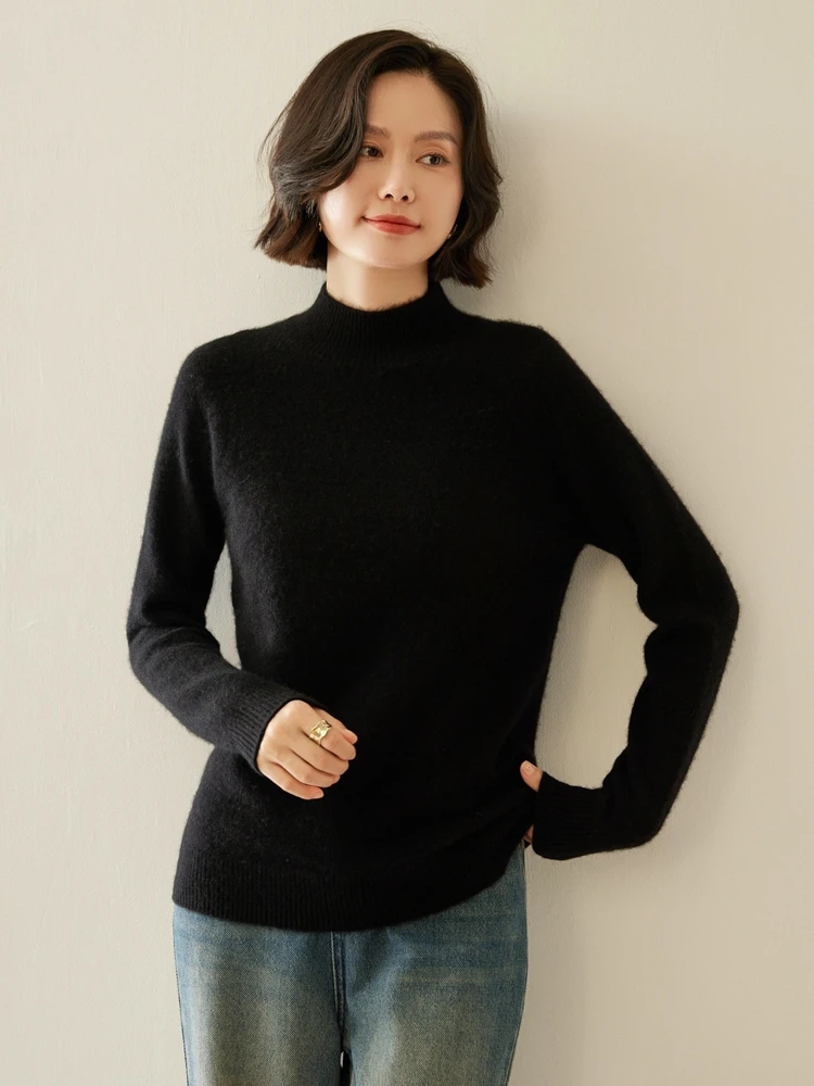 

Autumn Winter Women's 100%Cashmere Sweater Thickened Half High Collar Wool Base Layer Needle Knitted Soft Comfortable Top Simple