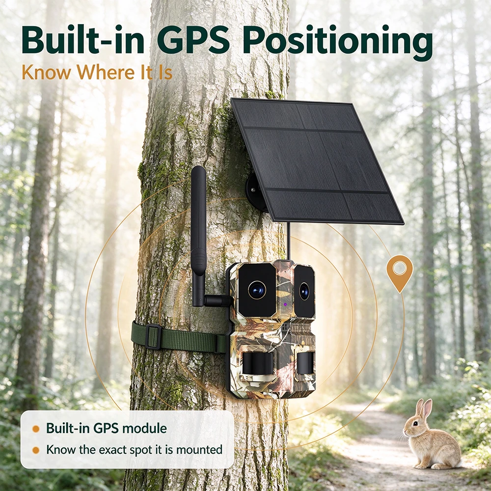 3MP+3MP Dual Lens 4G Camouflage Solar Hunting Trail Camera 170° View 940nm No Glow IR PIR Motion Detection Built GPS U-Box