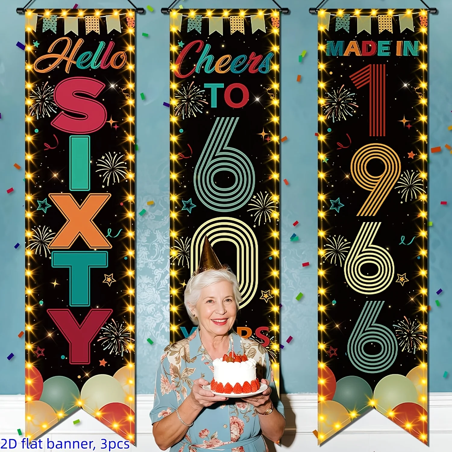 2D Flat 3Pcs Vintage 40th-80th Birthday Banner, 1956-1976 Born, 