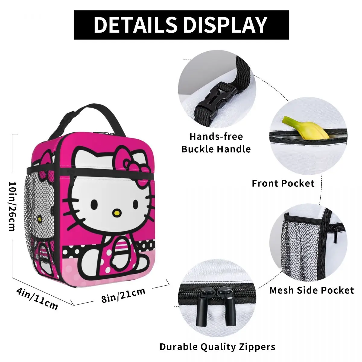 Hello Kitty กระเป๋าเก็บความเย็นกระเป๋าใส่ข้าวกลางวันกันความร้อนลายแมวน่ารัก กระเป๋าใส่อาหารกลางวันกล่องอาหารกลางวันสิริแบบพกพากระเป๋าเก็บอาหารทำงานกลางแจ้ง