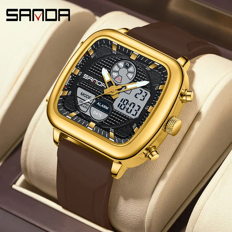 

SANDA 9101, новые модные повседневные мужские силиконовые кварцевые электронные двойные многофункциональные будильники, водонепроницаемые мужские часы с ночником