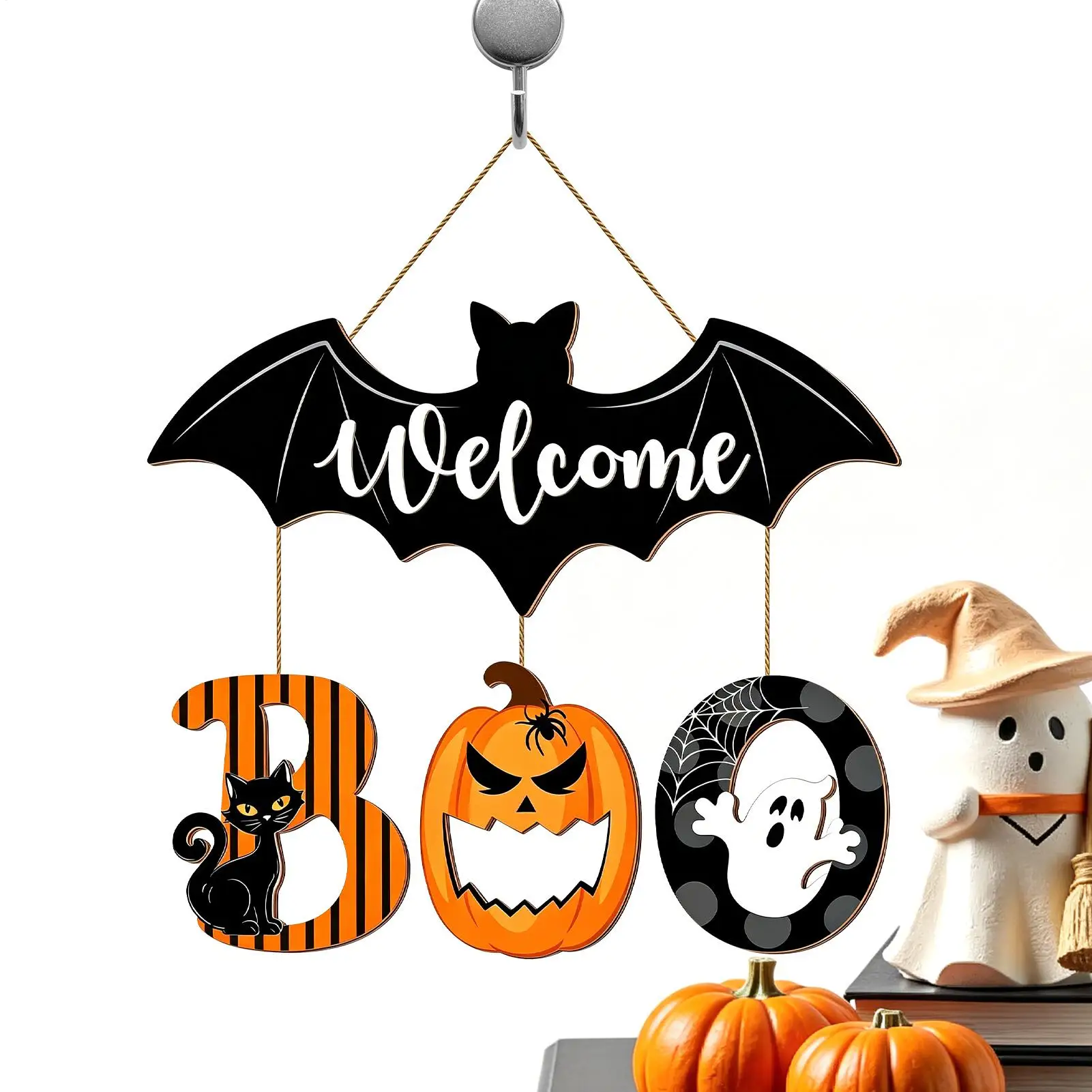 Halloween Welcome Sign for Front Door Wooden Front Door Decorations Spooky Bat Welcome Hangable Sign for Indoor Outdoor Living
