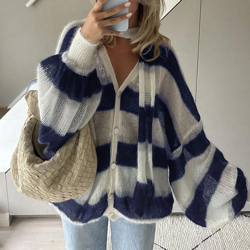 2024 Autumn Striped Printed Breathable Sweater Women Sexy V Neck Lace Up Long Sleeved Top Elegant Single Breasted Loose Sweater