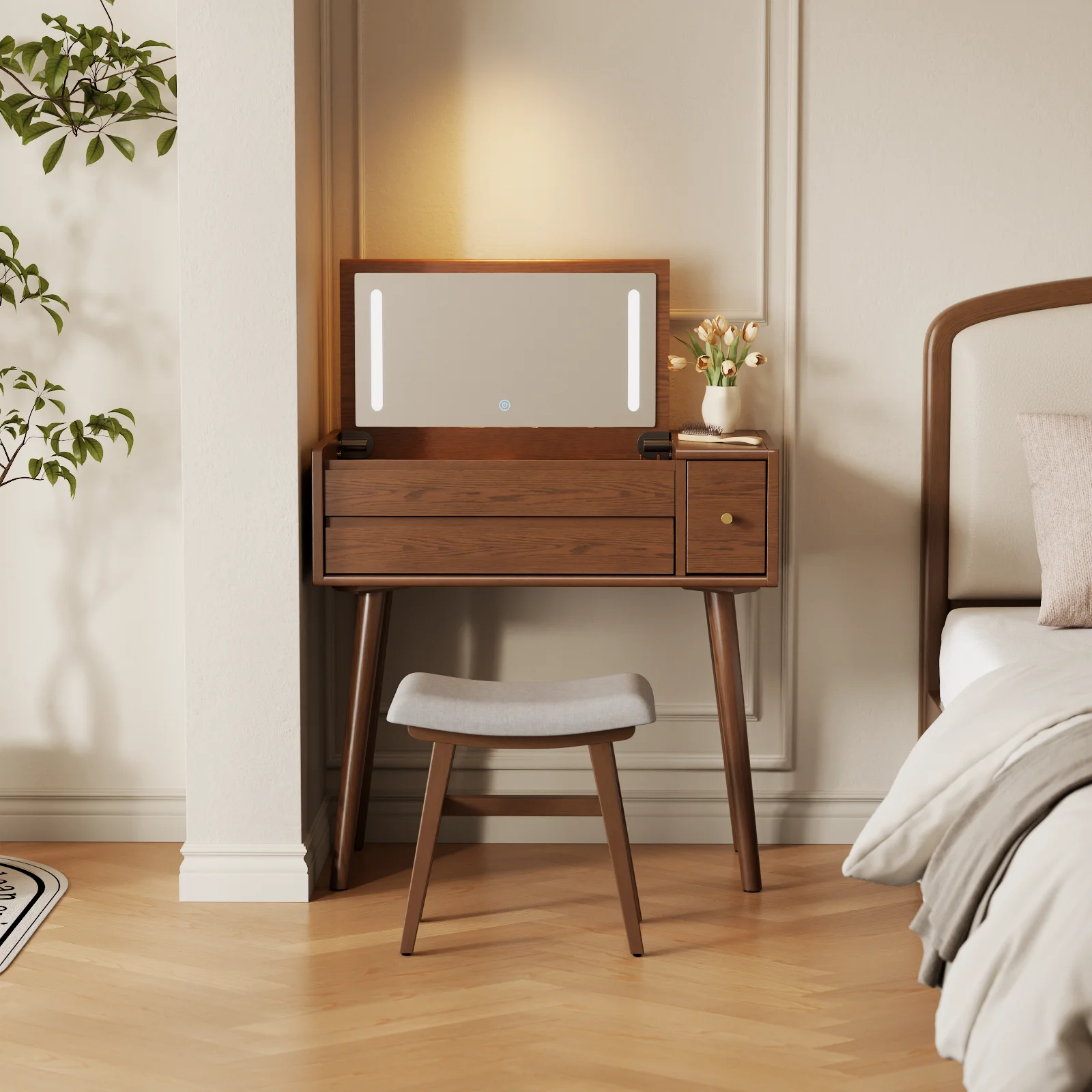 US Stock Modern Wood Makeup Vanities Desk With LED Lighting 4 Drawers Space-Saving Mirror Dressing Table Set For Bedroom SZT006