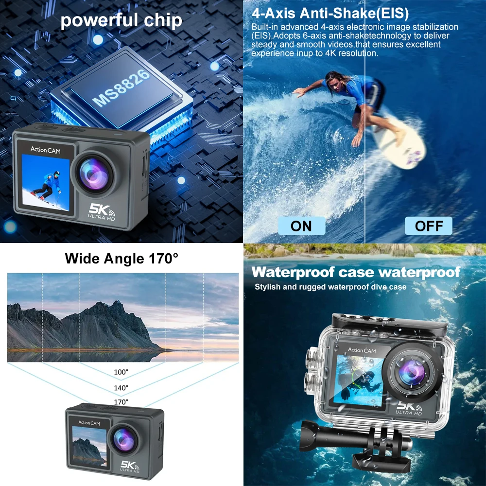 Cámara táctil de acción 5K 48MP 4K 60FPS Dual IPS táctil LCD DVR EIS 30M impermeable 5X Zoom cámara deportiva con Control remoto