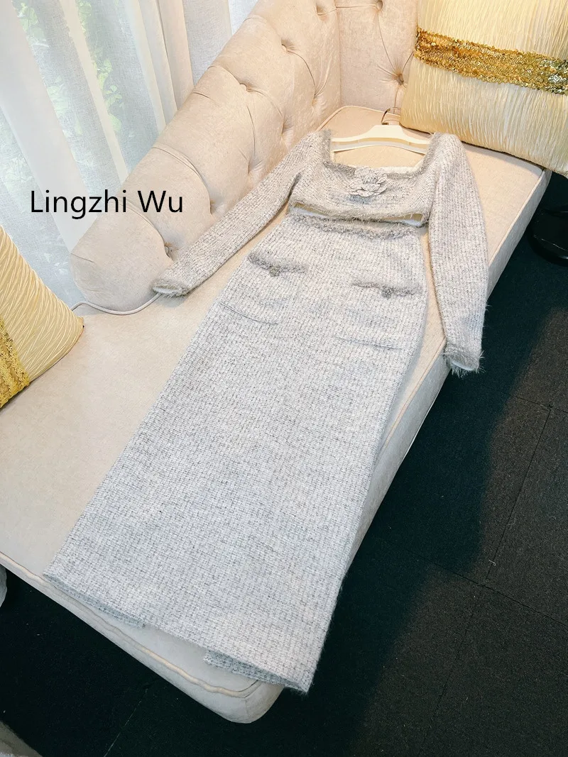 

Lingzhi Wu Light Gray Set French Elegant Square Collar Three-Dimensional Flower Short Top Long Skirts Suit Ladies Twinset New