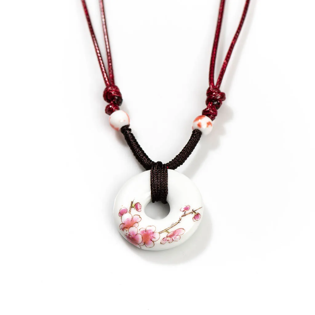 Adjustable Ethnic Necklace with Ceramic Decal Pendant X852 Traditional Chinese Style Jewelry for Women