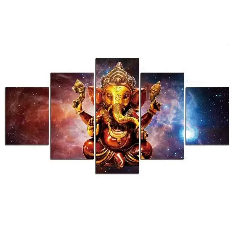 5 Pieces Abstract Ganesha Hindu Modular Wall Art Canvas Painting Poster Art for Living Room Decoration Picture Wall No Frame