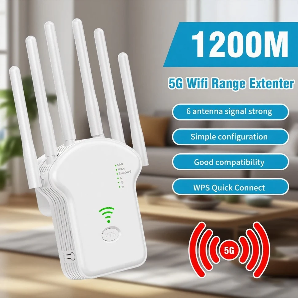 

1200Mbps WiFi Repeater Wireless Router High 6 Antenna Network Amplifier Repeater Dual Band 2.4G 5G Wireless Amplifier For Home