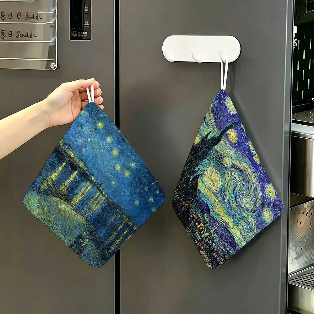 Van Gogh Art Starry Night Sunflower Reusable Hanging Kitchen Towel, Polyester Cotton Soft Fabric for Office Home Daily Life