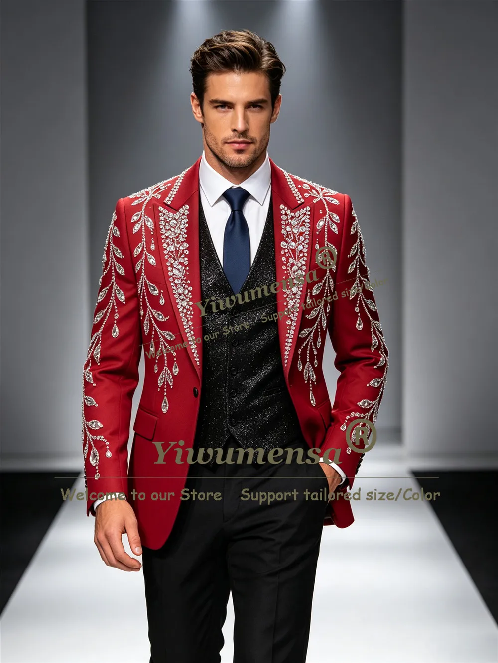 Luxury Man Suit Beadwork Stones Prom Blazer Set Customized Groom Wedding Tuxedos 3 Piece Versatile Multi Occasion Ropa Hombre