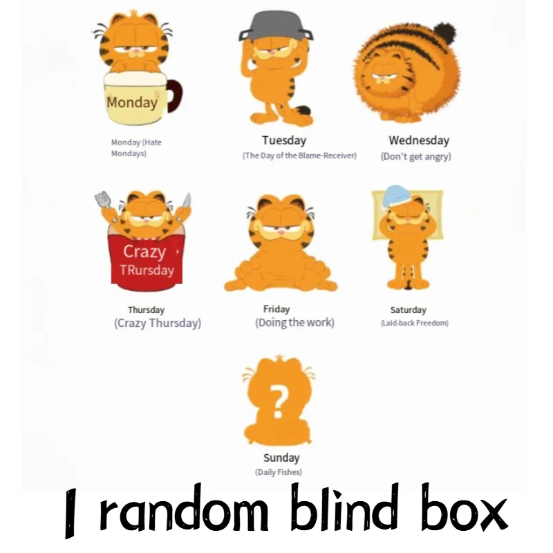 Garfield Family Working Week Series Anime Blind Box Ragazza Peluche Giocattolo da collezione Arredamento per la casa Decorazione dei cartoni animati Regalo di compleanno