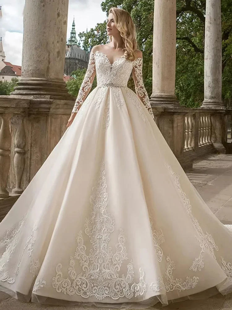 

Блестящее свадебное платье с длинными рукавами и круглым вырезом на заказ, платье невесты на пуговицах, халат De Mariee, платья de novia