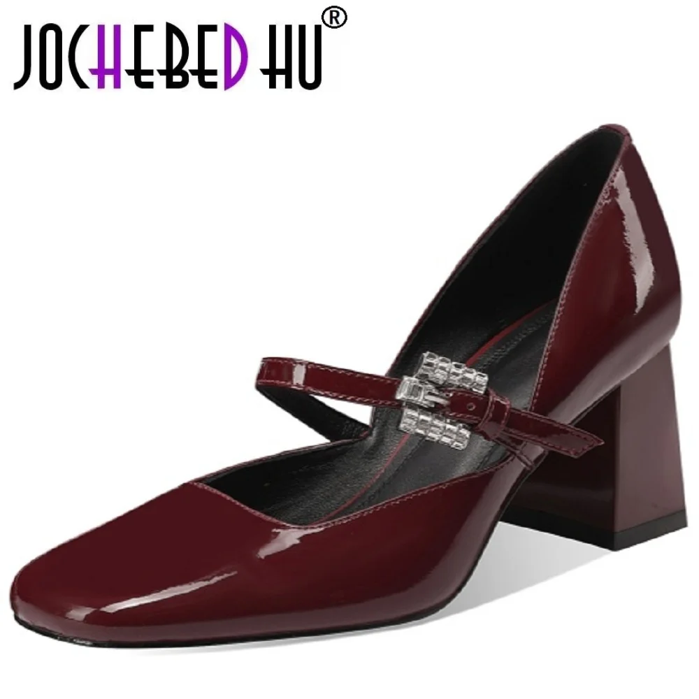 

【JOCHEBED HU】Женские туфли на высоком каблуке из натуральной кожи ручной работы, на толстом каблуке, с квадратным носком, весенне-осенние, размеры 33-43