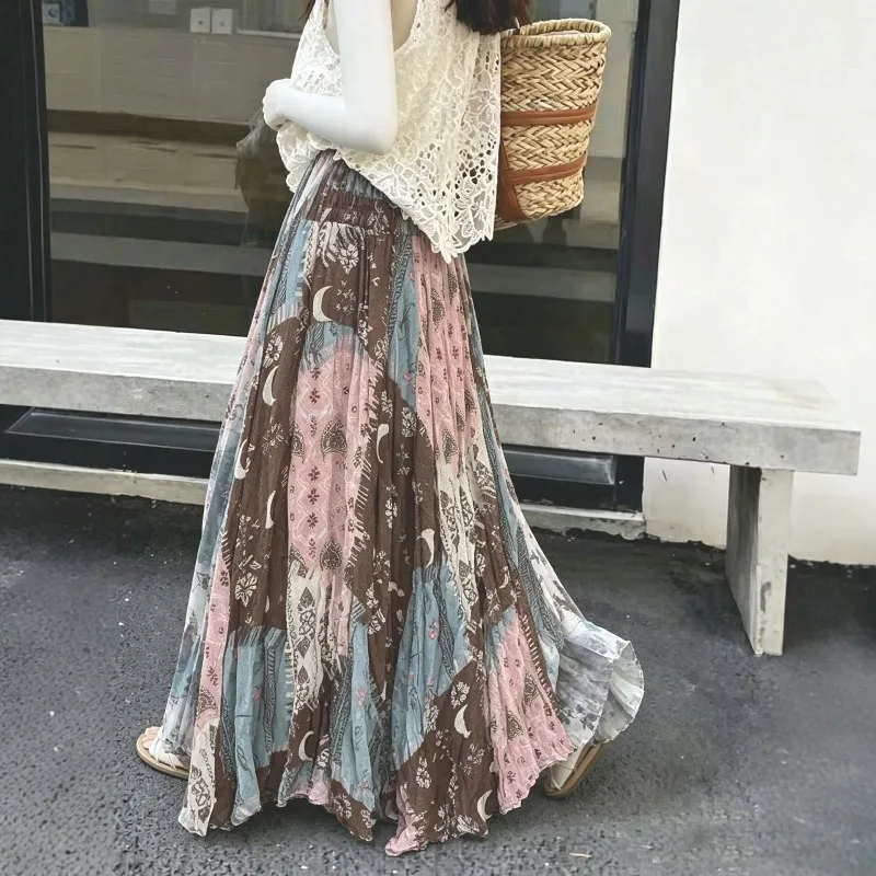 2026 Summer Korean Fashion Pink Blue Gradient Bohemian Pleated A-Line Maxi Skirt Women Chic Loose Fit Vacation Beach Long Skirt