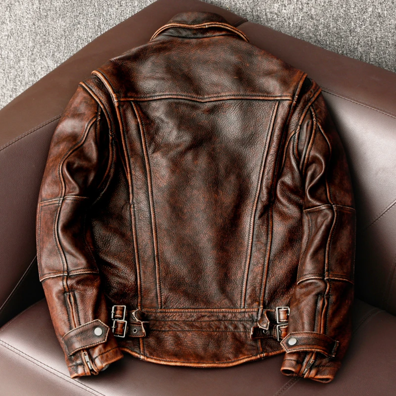 Tcyeek Men's Genuine Leather Jacket Cowhide Short Leather Jacket Men Clothing Distressed Motorcycle Coat Trendy Chaquetas S-6XL