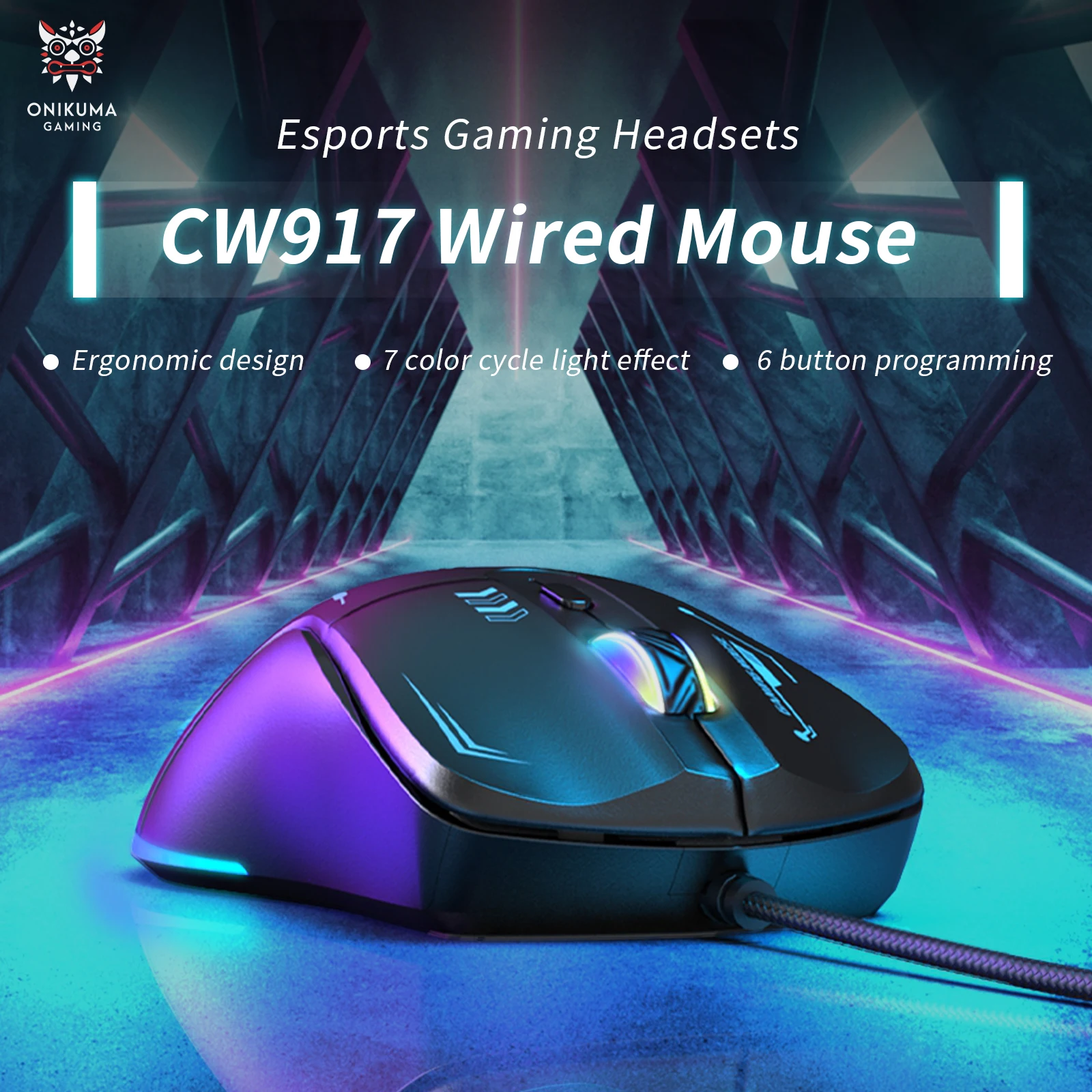 Onikuma CW917 Wired Gaming Mouse USB 6 Buttons Esport Gamer Computer Mice LED Backlit Ergonomic Gaming Mouse for Laptop PC