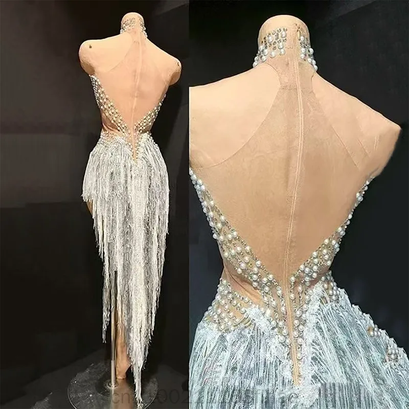 Modern Dance Dress Gorgeous Pearl Diamond Shell Long Tassel Dress Latin Dance Cheerleading Song Dance Performance Dress