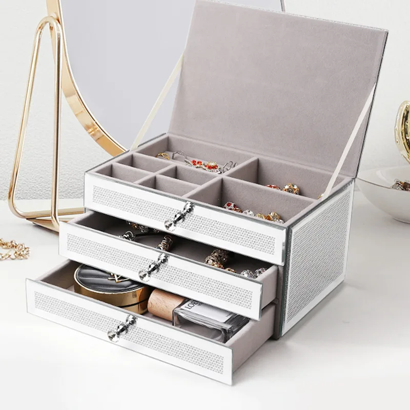 

Glass mirror jewelry box, silver flash diamond jewelry, high-end three-layer jewelry storage box, cross-border explosion