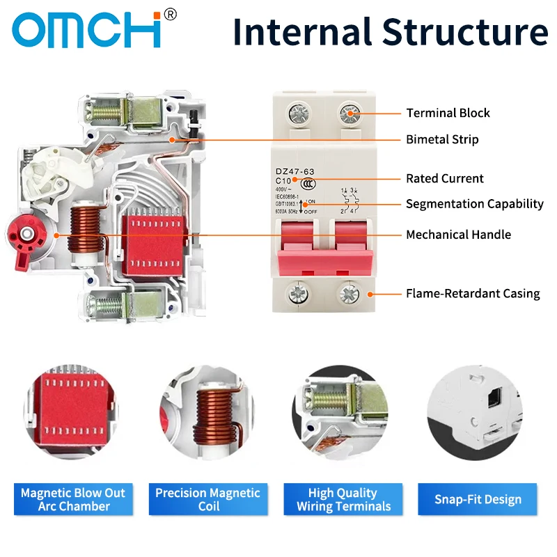 OMCH Mini Circuit Breaker DZ47 1-4P 6-63A 35mm DIN Rail MCB Overload & Short Circuit Protection for Electrical Panel Board Box
