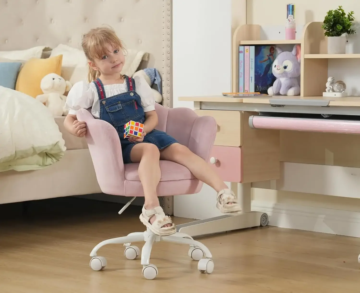 Kids Desk Chair,Velvet Bedroom Chair Adjustable Child Computer Chair Swivel Shell Vanity Chairs for Girls Bedroom/Study Roo