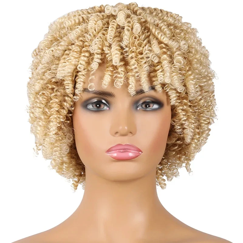 Short Curly Afro Wigs With Bangs For Women Kinky Curly Synthetic Wigs For Black Women Cheap Wigs On Sale Perfect for daily use