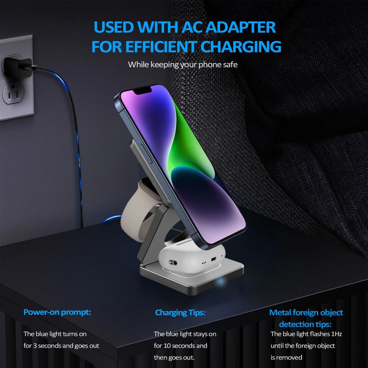 3 in 1 Foldable Magnetic Wireless Charger Stand for iPhone 12 13 14 15 Apple Watch 8 7 Airpods 3 Pro Fast Charging Dock Station