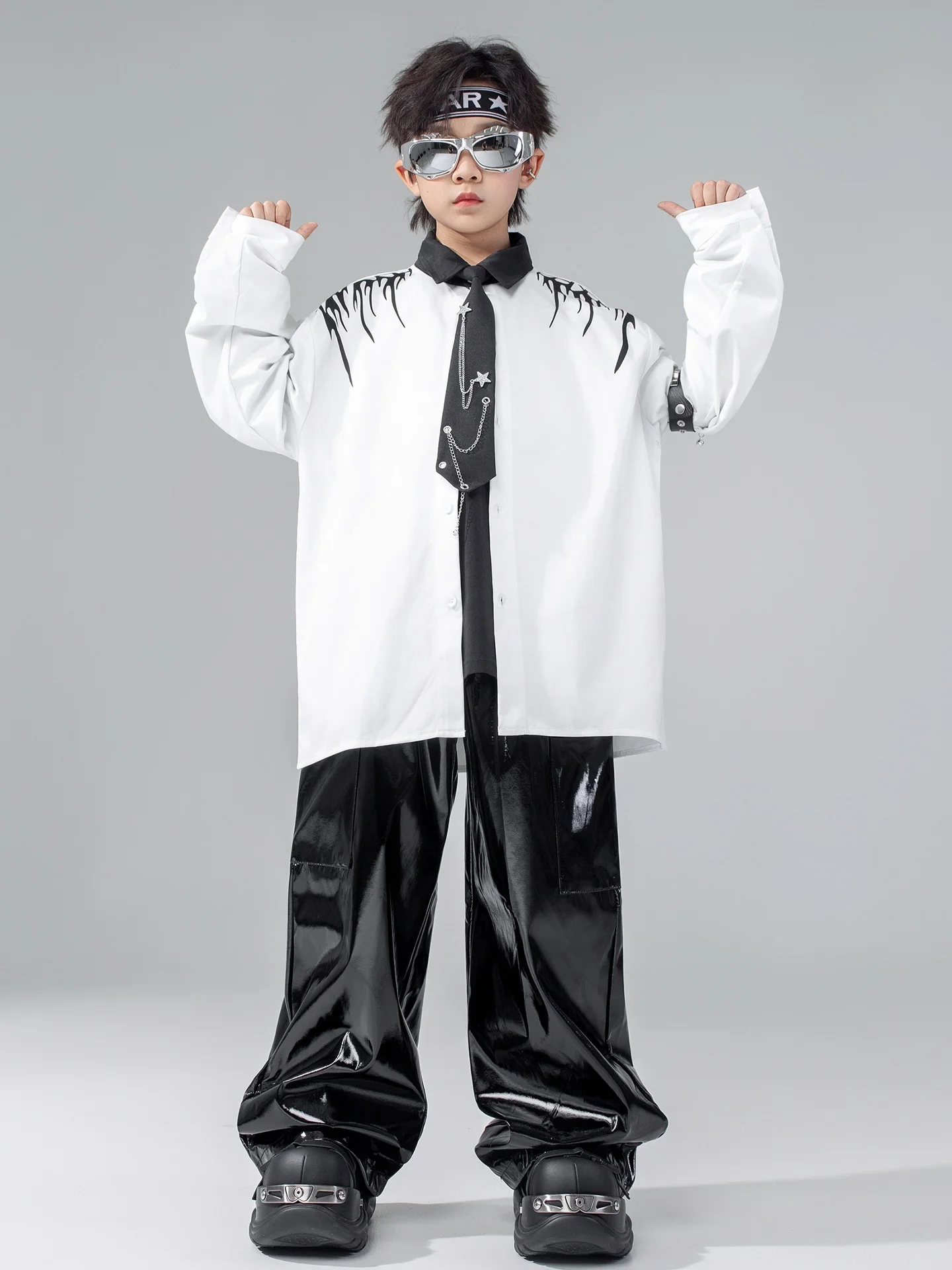 الأولاد الهيب هوب الملابس الشارع الرقص موضة قميص أبيض أسود بنطال جلدي طويل الأكمام الفتيات الاطفال أداء الجاز البدلة BL17769