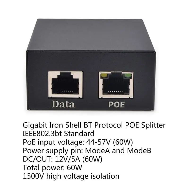 

652F POE Splitter RJ45 Блок питания 12V 5A Металлический корпус Разделитель мощности POE