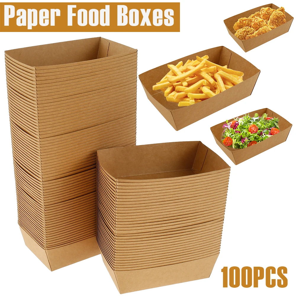 Paper Food Boxes Oil Proof Take Out Food Tray Recyclable Paper Food Tray Sturdy and Durable for Chip Burger Party Picnic Camping