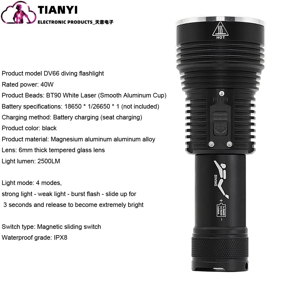 2000LM diving flashlight, waterproof flashlight, stepless dimming LED BT90, underwater lighting, suitable for deep sea caves