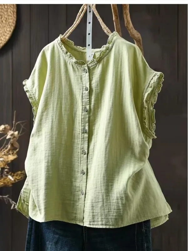 

High-End Women's Casual Cotton Shirt Short Sleeve Pure Cotton Loose Fit Earlet Collar Top Summer Anti-Aging Fashion Style