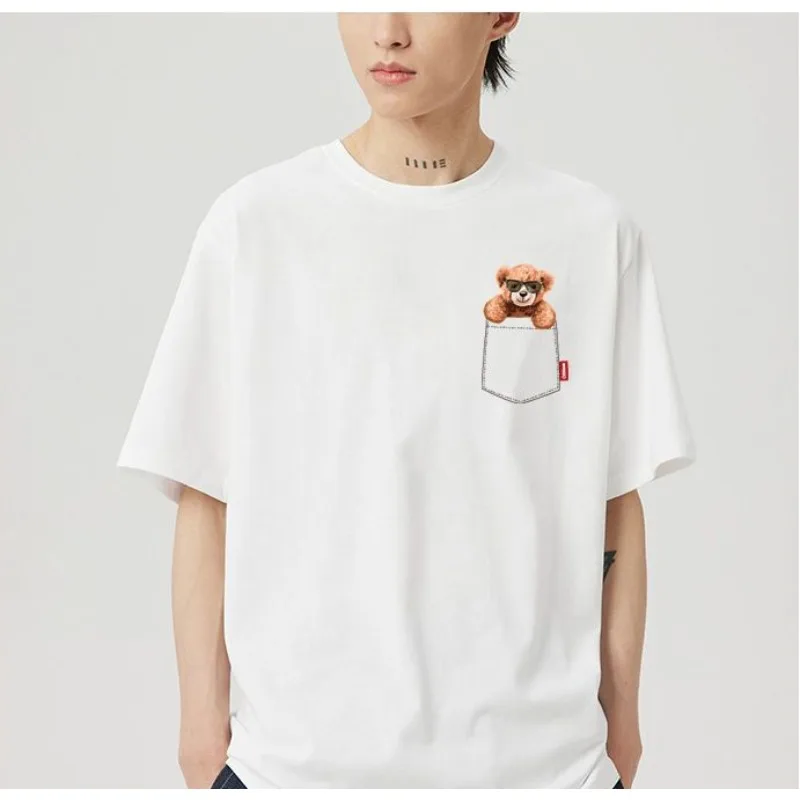 

Korean new style bear pocket printed short-sleeved T-shirt design original niche loose trendy brand for men and women couples