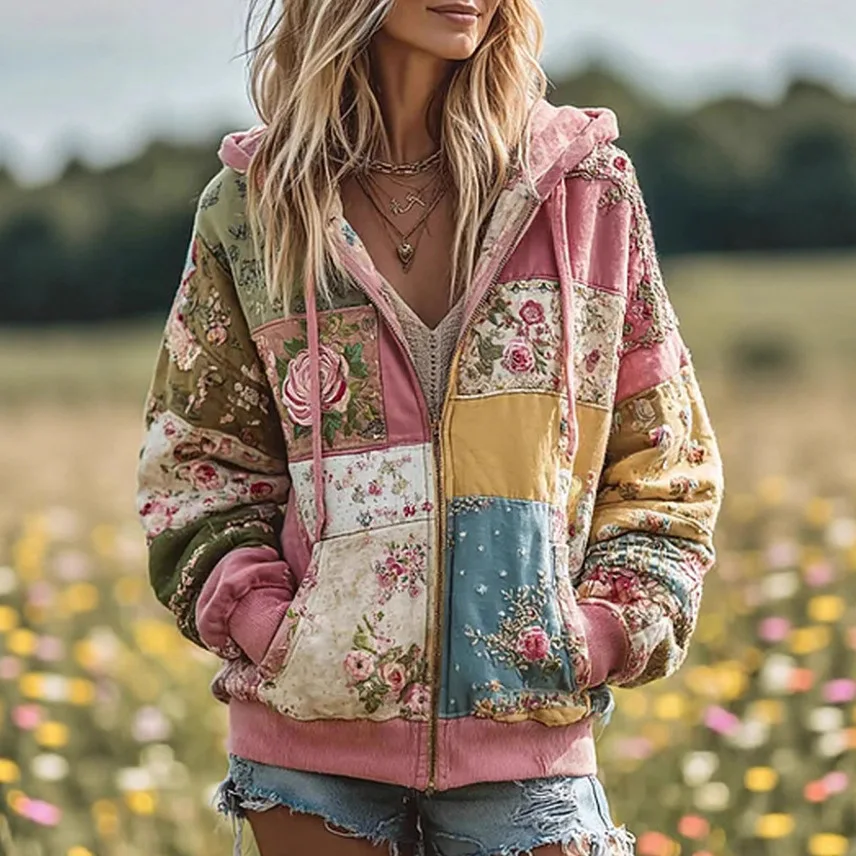 Sudadera con Capucha Casual Holgada con Estampado Floral para Mujer, Nueva Colección 2025, Transfronteriza, Europa y Estados Unidos