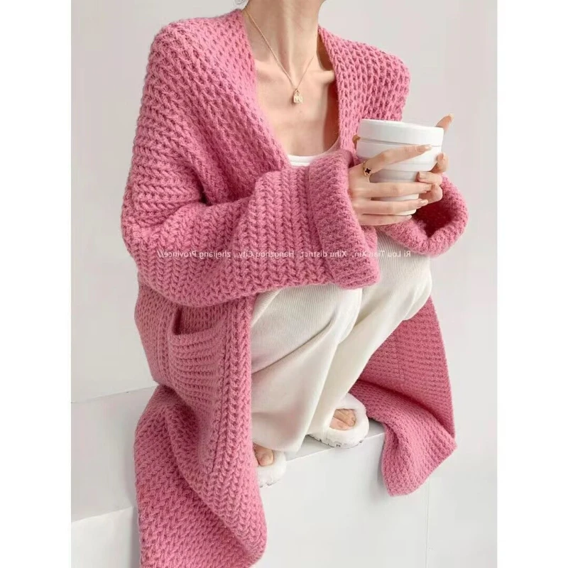 2024 Korean Version Lazy Soft and Thick Long Knitted Sweater Women Retro Loose and Casual Slimming Long Sleeved Sweater Jacket