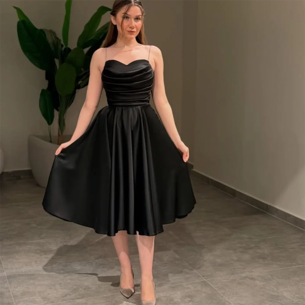 Customized A-Line Prom Dresses Tea-Lengh Spaghetti Strap Sleeveless Evening Dresses Simple Draped Fashion Pleat Sexy Backless