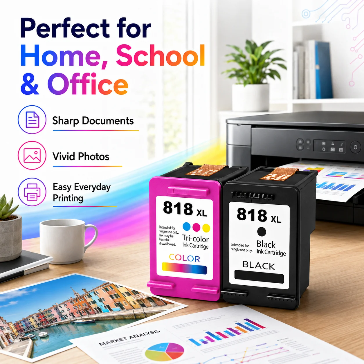 Compatible for HP 818XL Ink Cartridges Combo Pack Black & Tri-Color for DeskJet D1668 D2568 F2488 Printers